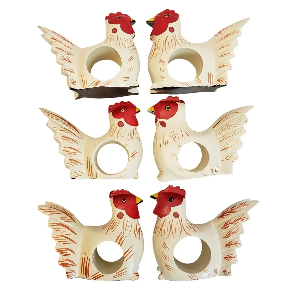 VTG Set 6 Chicken Napkin‎ Rings Farmhouse Cottage Wood Folk Art Hand Painted